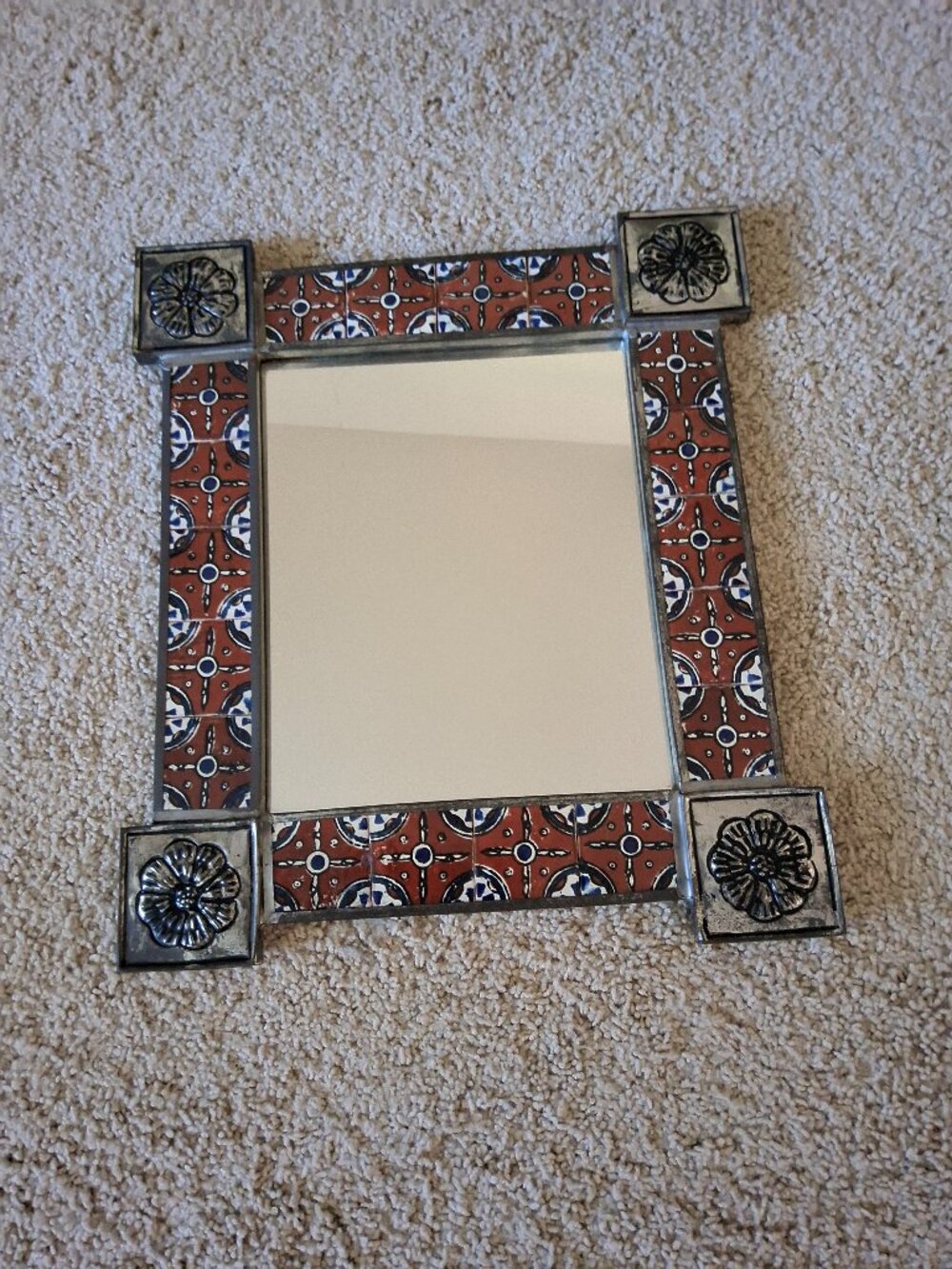 Handmade 13.5"x15.5" Mexican Punched Tin Mirror w/Talavera Ceramic Tiles~FolkArt